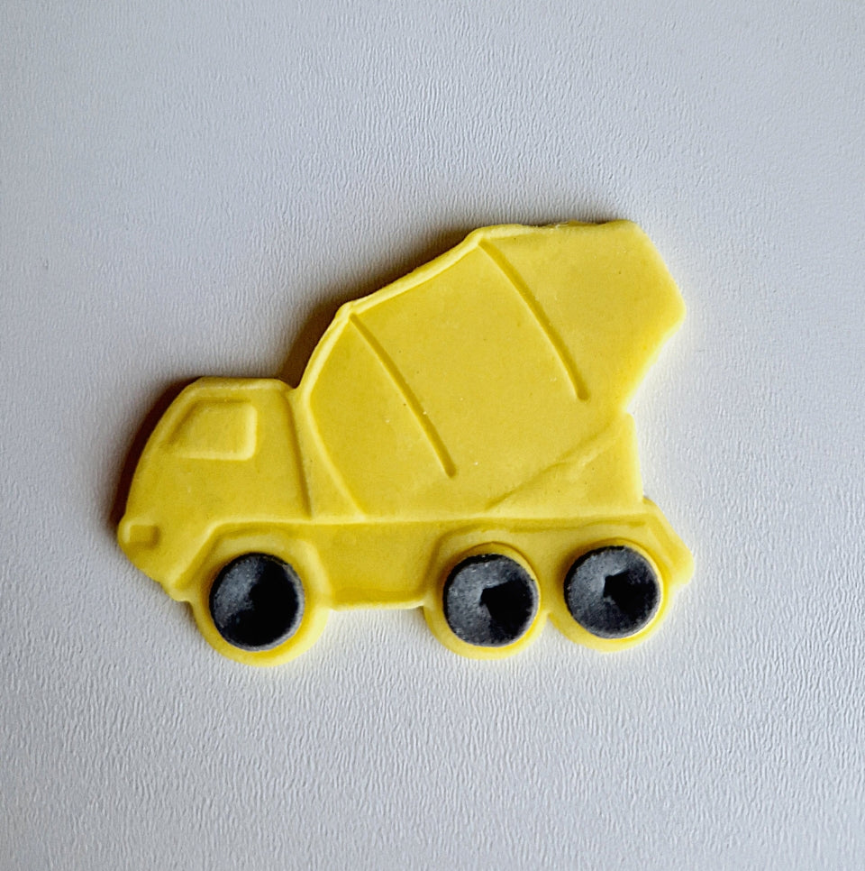 12 Edible construction cupcake toppers,digger,cement mixer,dumper truck fondant icing decorations