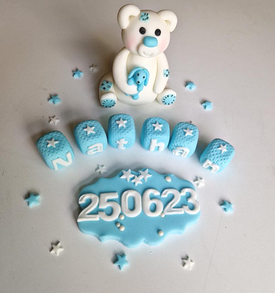Edible baby teddy bear cake topper,fondant baptism icing decoration