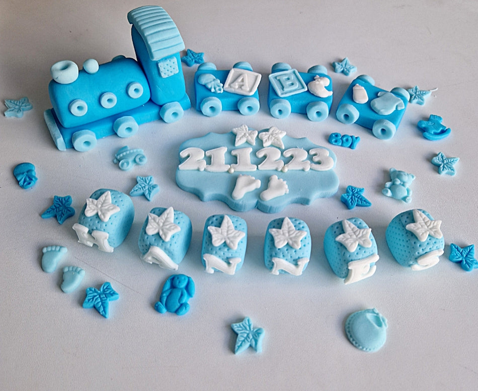 Edible baby train cake topper,christening fondant icing decoration