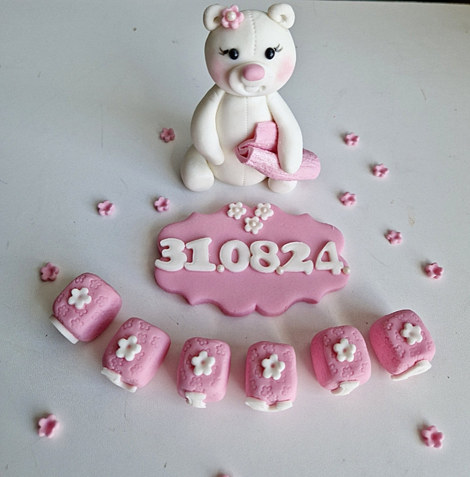 Edible baby teddy bear cake topper,fondant baptism icing decoration
