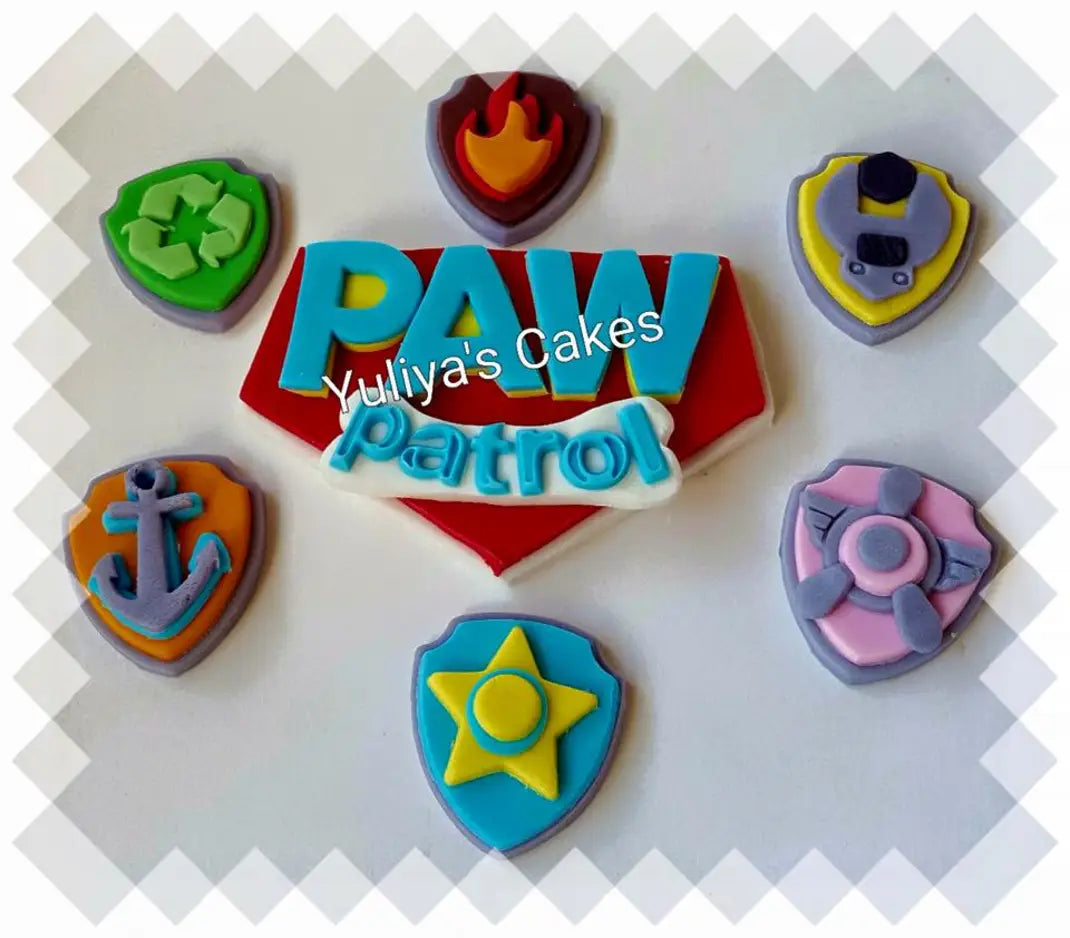 Edible dog badges/shields and logo cake topper,fondant icing decorations