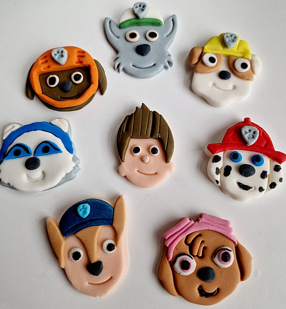 8 Edible dog faces,paw cartoon cake topper,fondant icing decoration