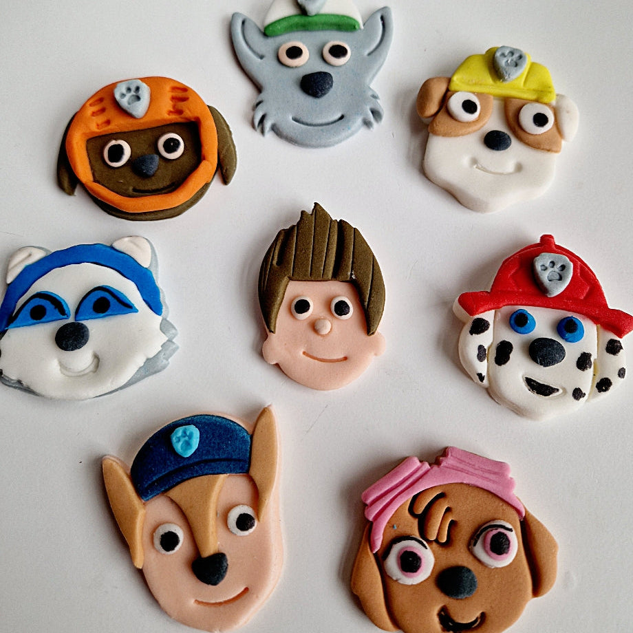 8 Edible dog faces,paw cartoon cake topper,fondant icing decoration