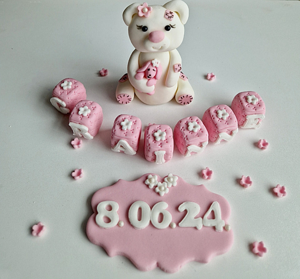 Edible baby teddy bear cake topper,fondant baptism icing decoration