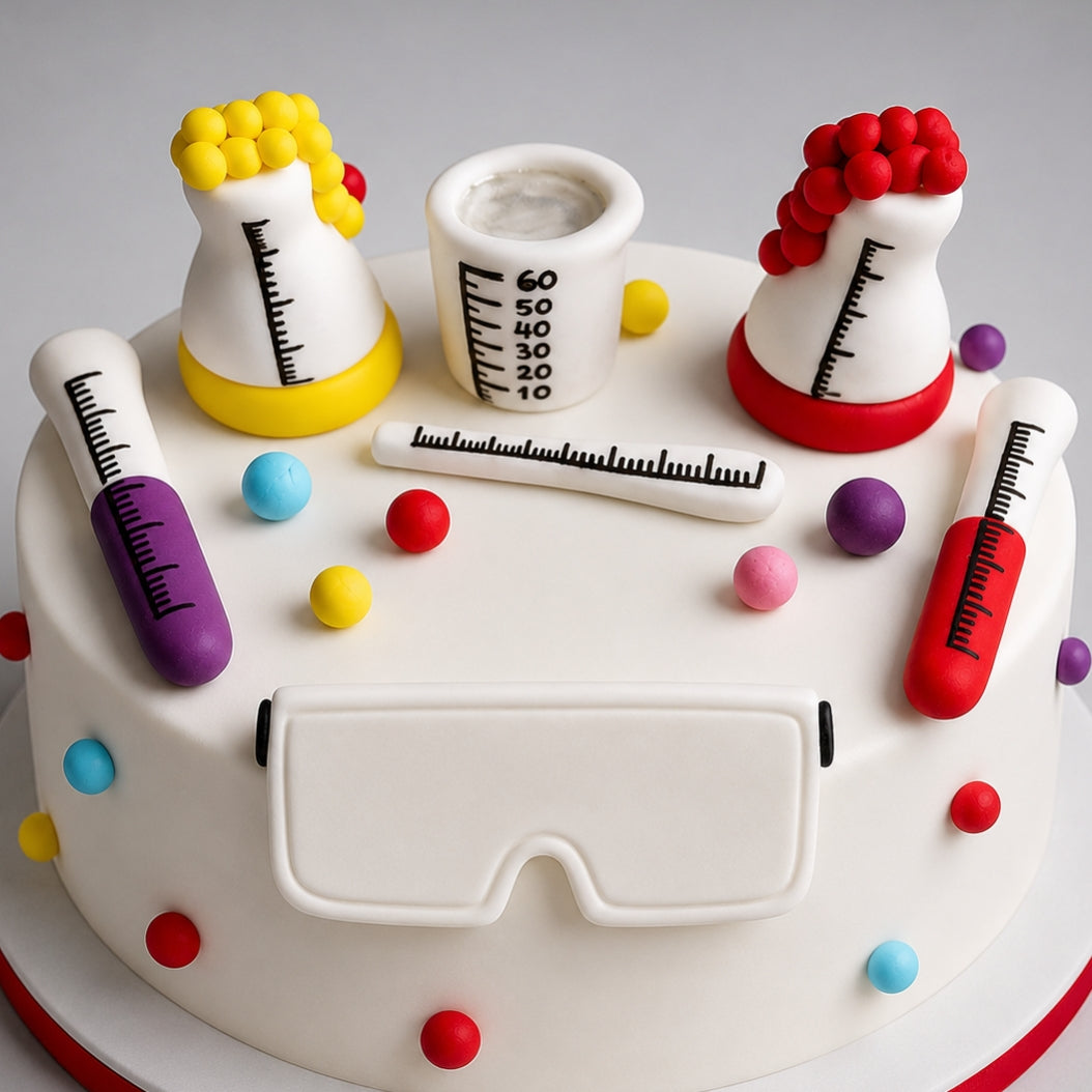 Eetbare scheikunde, taarttopper van een wetenschapper, decoratie van fondantglazuur