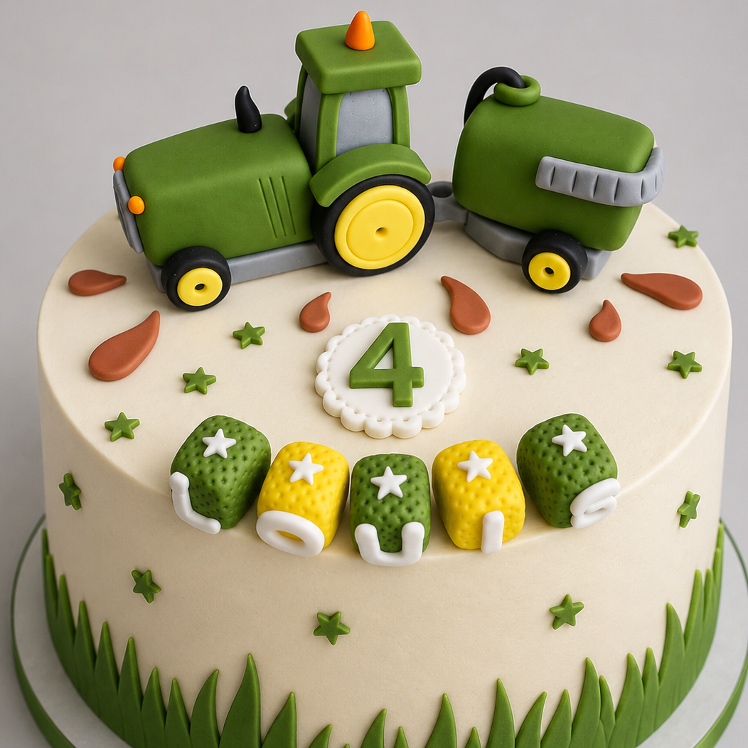 Edible Tractor Cake Topper with Trailer – Farm Birthday Cake Decoration – Handmade Fondant Tractor Topper