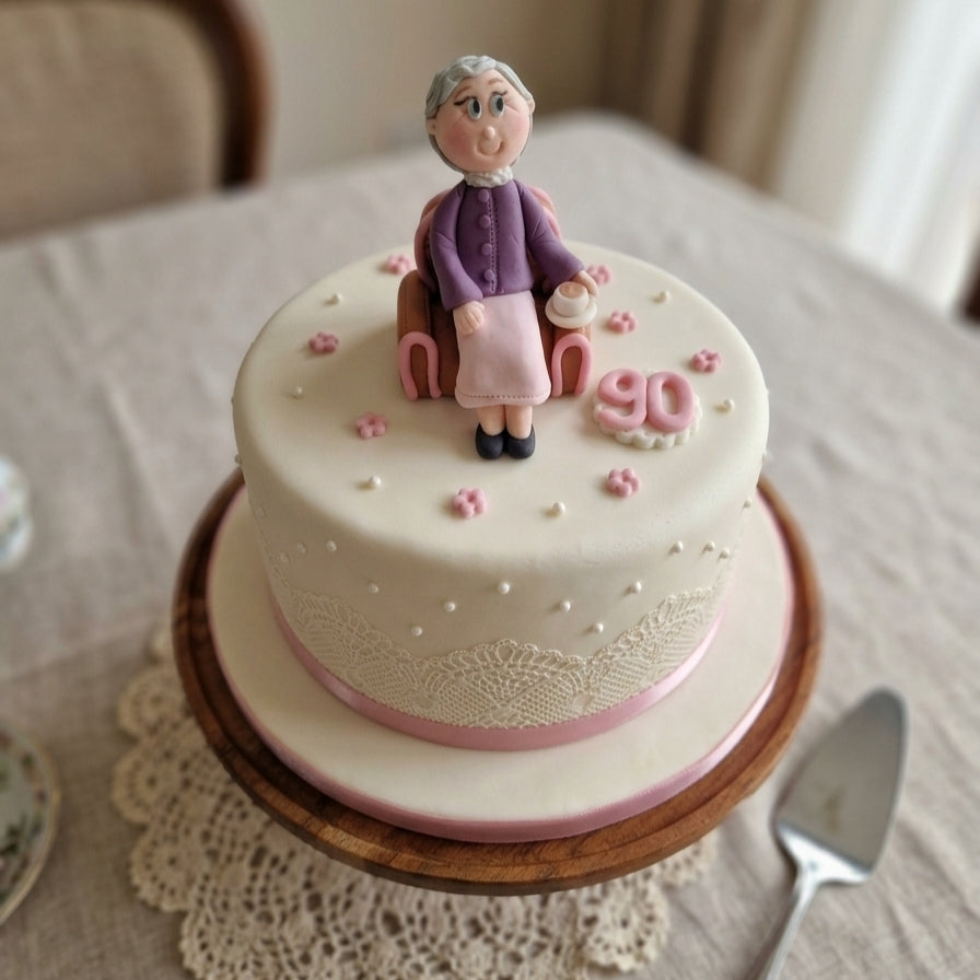 Edible fondant figurine sitting in the armchair cake decoration