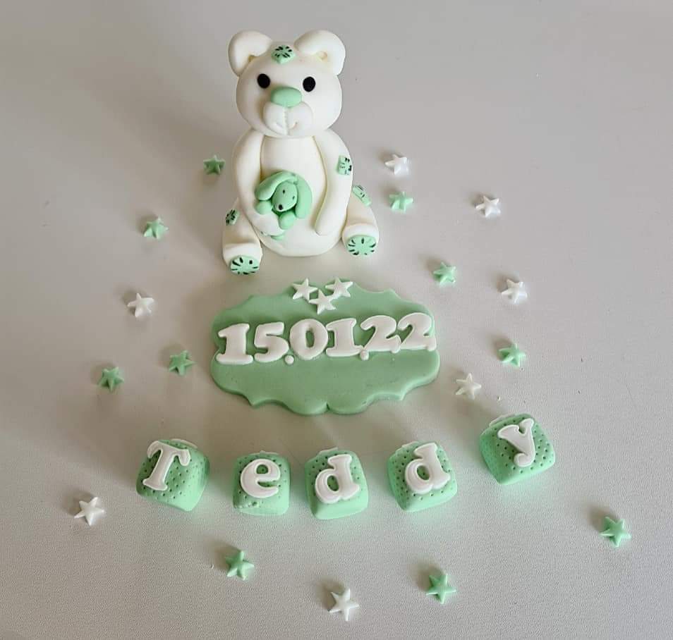 Edible baby teddy bear cake topper,fondant baptism icing decoration