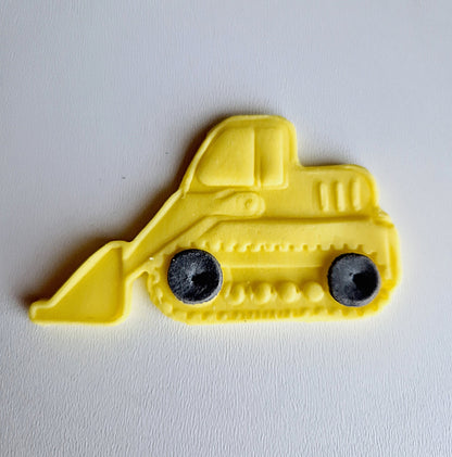 12 Edible construction cupcake toppers,digger,cement mixer,dumper truck fondant icing decorations