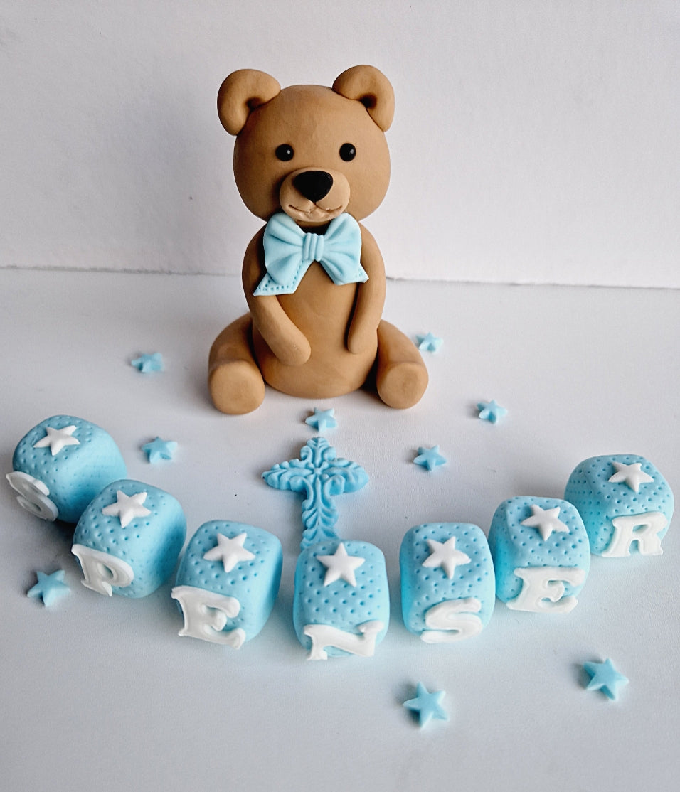 Edible teddy bear baby cake topper,fondant icing baptism decoration