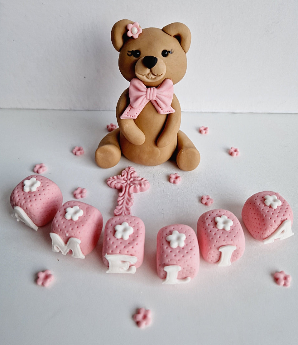 Edible teddy bear baby cake topper,fondant icing baptism decoration