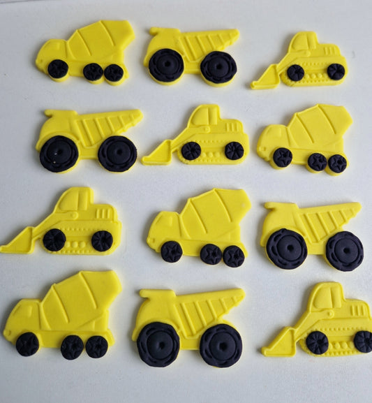 12 Edible construction cupcake toppers,digger,cement mixer,dumper truck fondant icing decorations