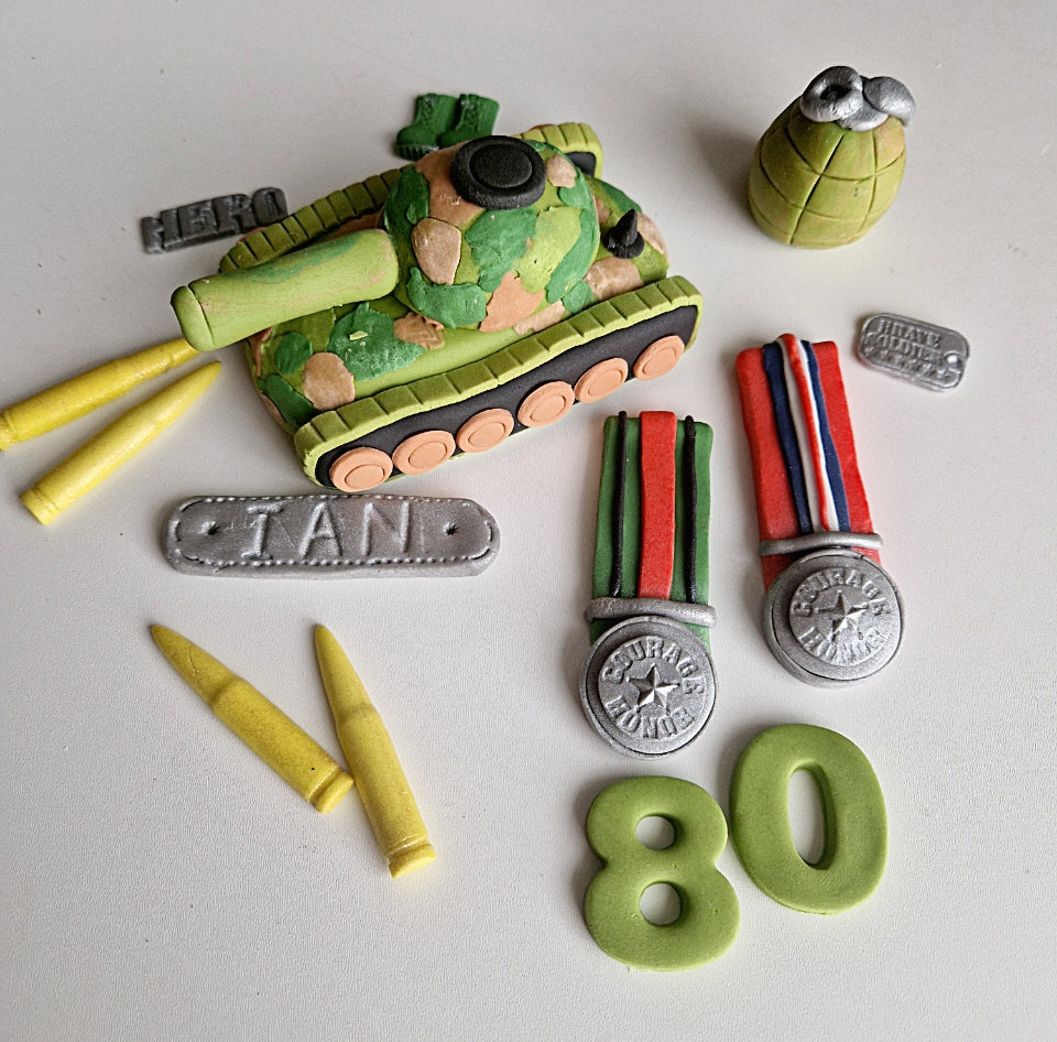 Edible army tank cake topper,soldier fondant icing decoration
