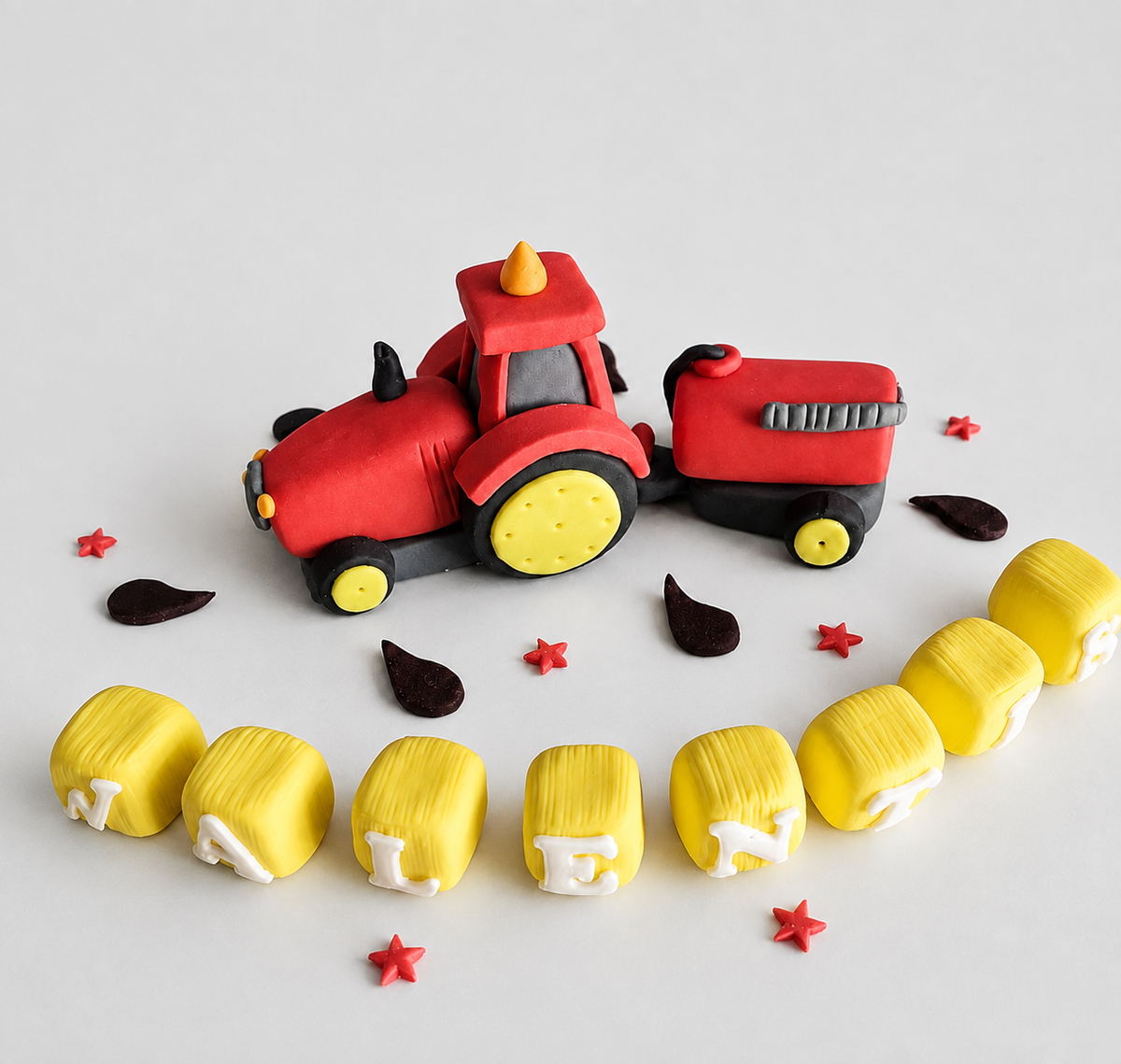 Edible Tractor Cake Topper with Trailer – Farm Birthday Cake Decoration – Handmade Fondant Tractor Topper