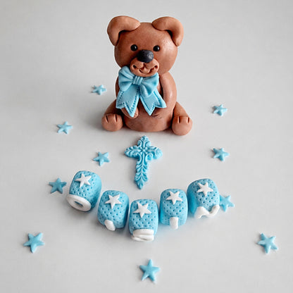 Edible teddy bear baby cake topper,fondant icing baptism decoration