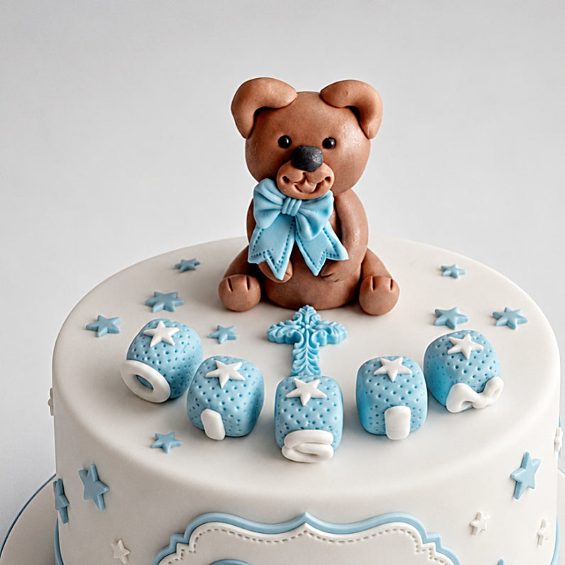 Edible teddy bear baby cake topper,fondant icing baptism decoration