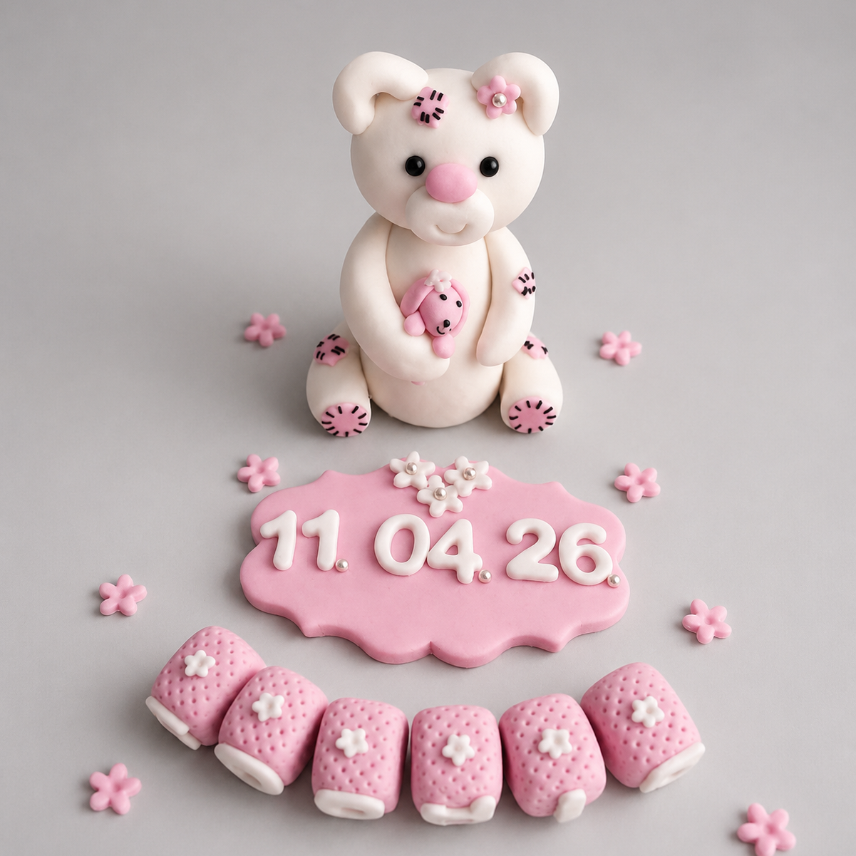 Edible baby teddy bear cake topper,fondant baptism icing decoration