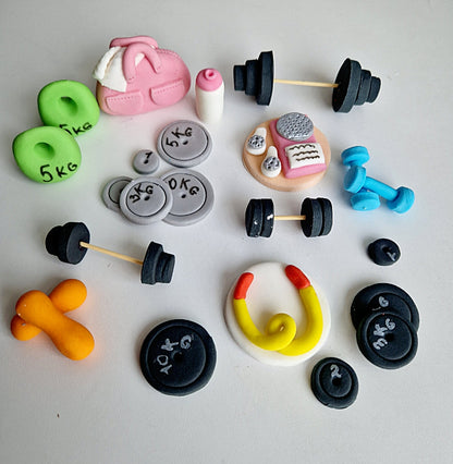 Edible Gym Cake Toppers – Weightlifting Fitness Cupcake Decorations – Gym Lover Birthday, Bodybuilder Party, Handmade Fondant Set