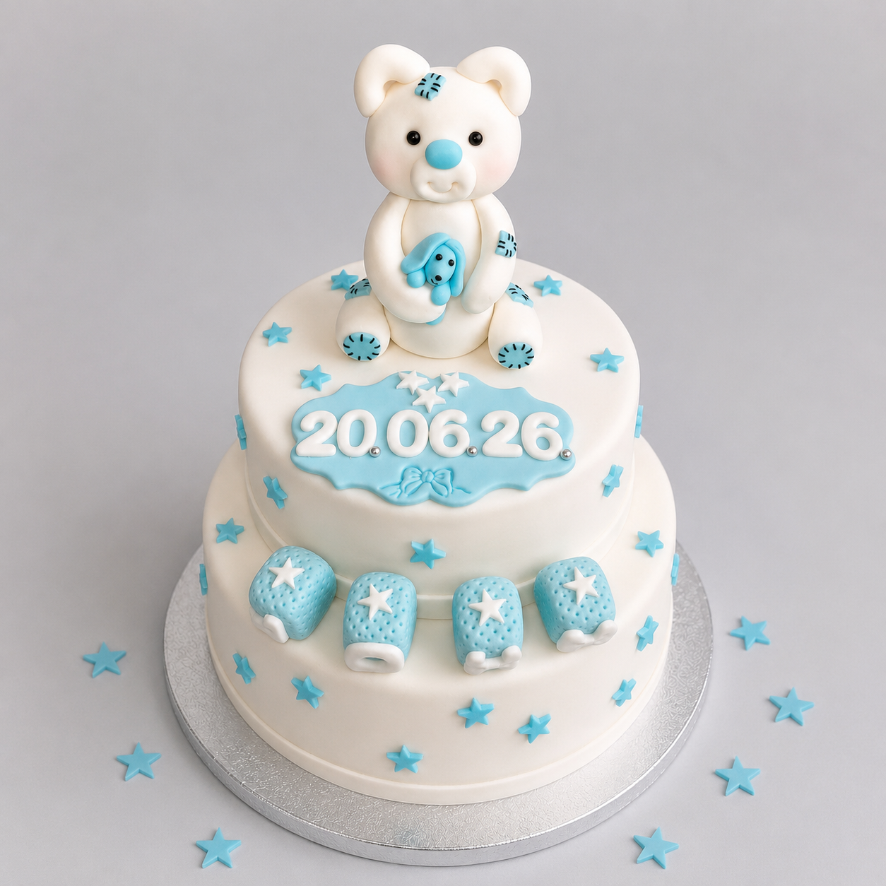 Edible baby teddy bear cake topper,fondant baptism icing decoration