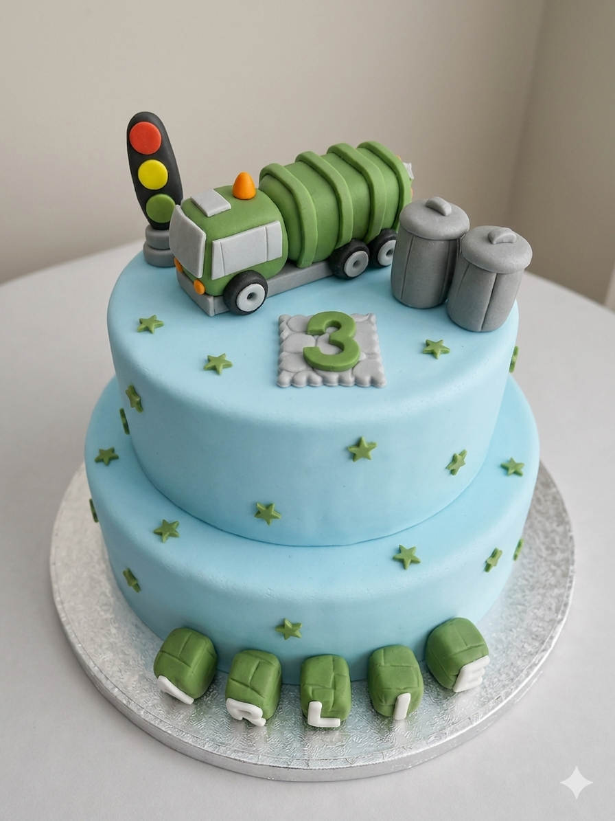 Eetbare prullenbak, vuilniswagentaarttopper, fondant glazuurdecoratie