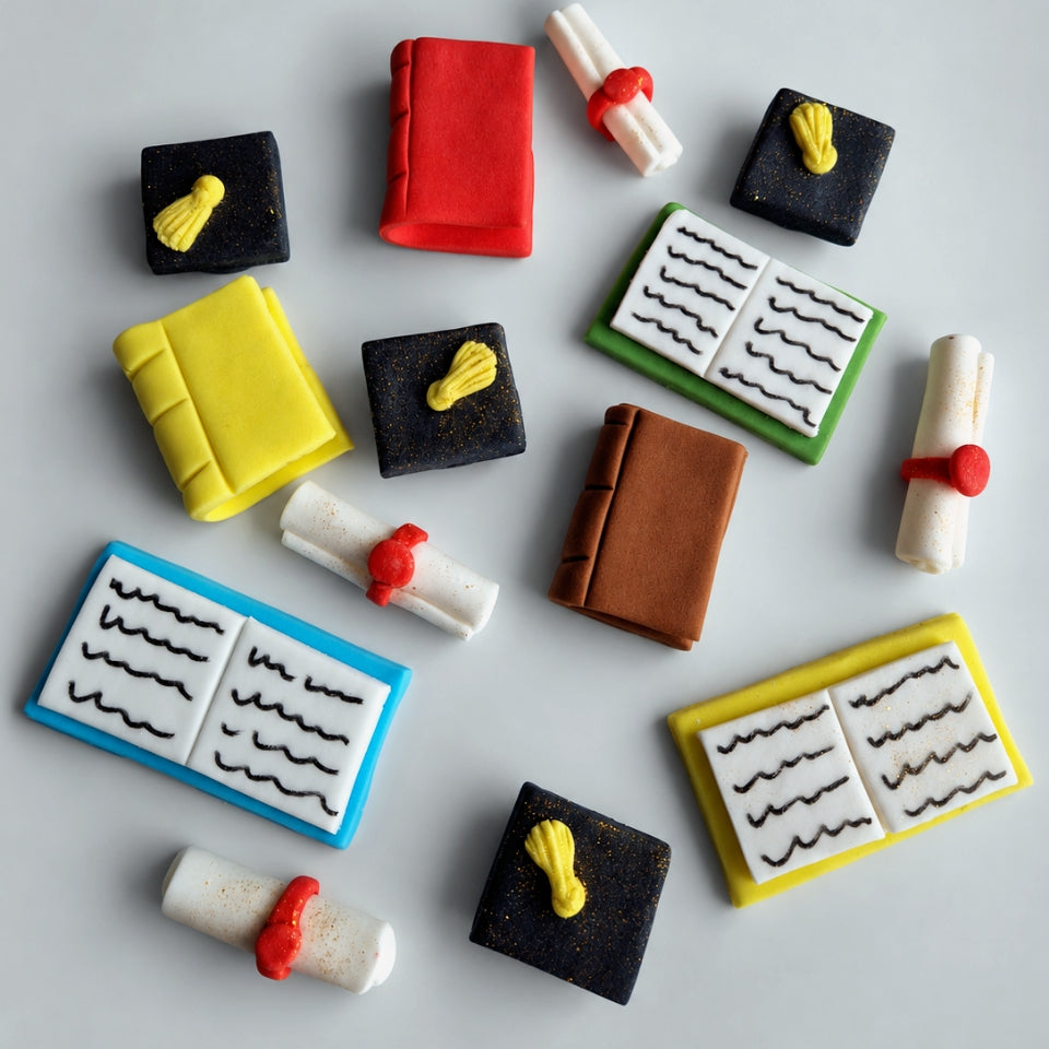 Edible graduation, books cake/cupcakes toppers,college fondant icing decorations
