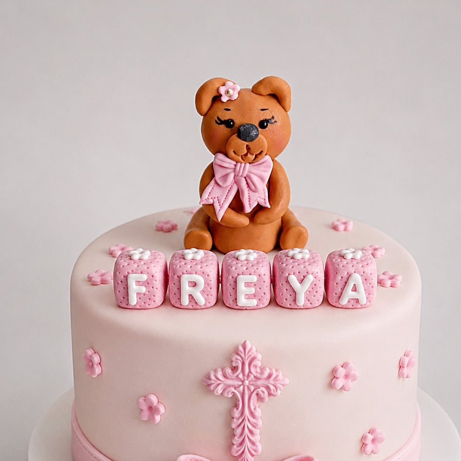 Edible teddy bear baby cake topper,fondant icing baptism decoration