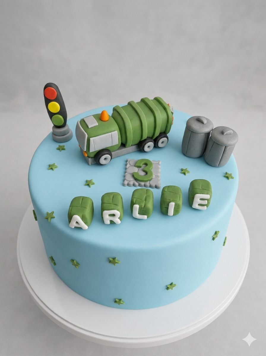 Eetbare prullenbak, vuilniswagentaarttopper, fondant glazuurdecoratie