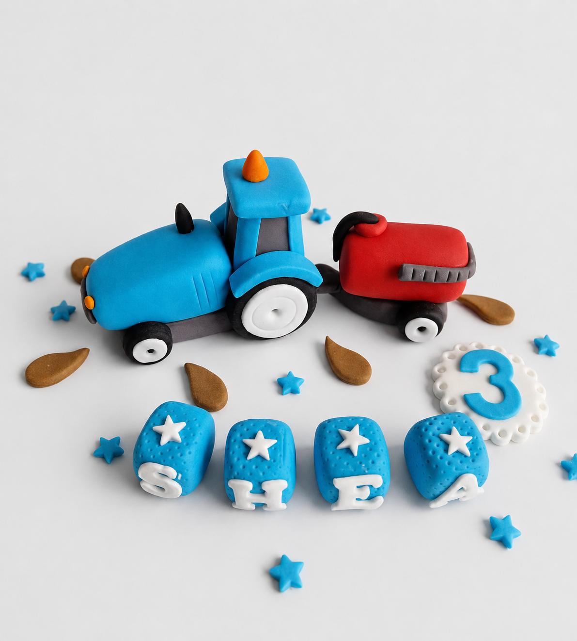 Edible Tractor Cake Topper with Trailer – Farm Birthday Cake Decoration – Handmade Fondant Tractor Topper