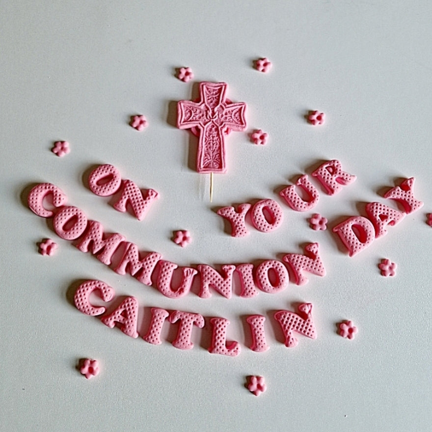 Edible Communion Cake Topper Set – Cross & Name – Personalised First Holy Communion Decoration