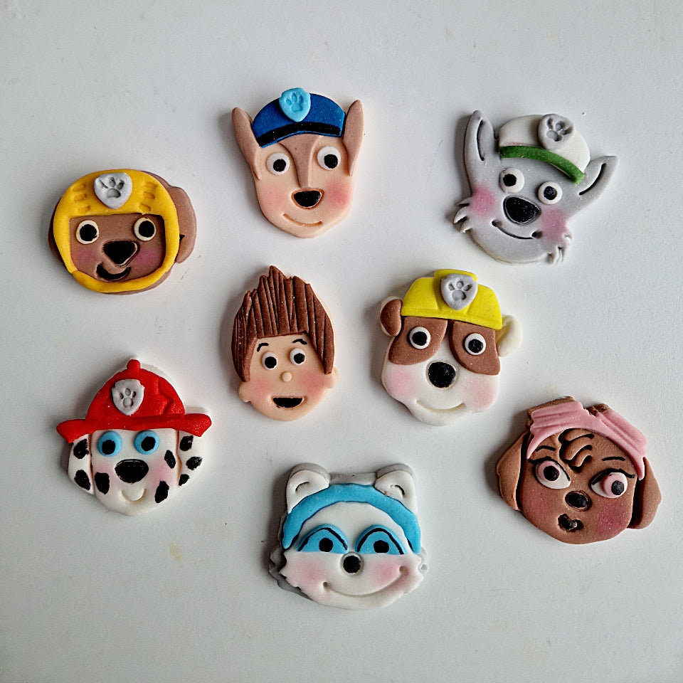 8 Edible dog faces,paw cartoon cake topper,fondant icing decoration