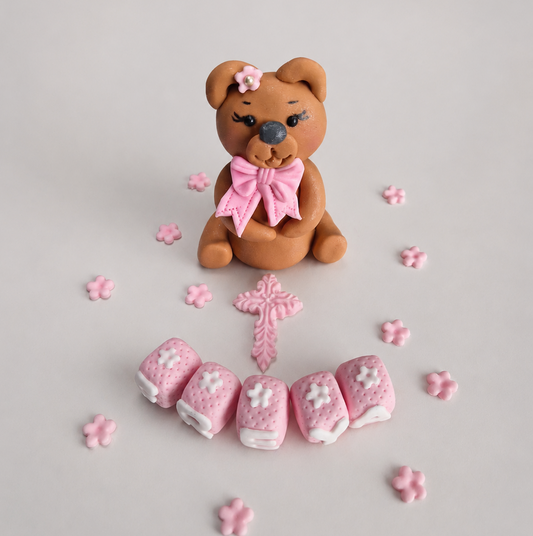 Edible teddy bear baby cake topper,fondant icing baptism decoration