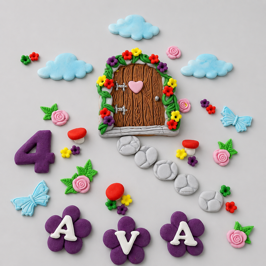 Eetbare taarttopper in de vorm van een feeëndeur, fondantglazuurdecoratie