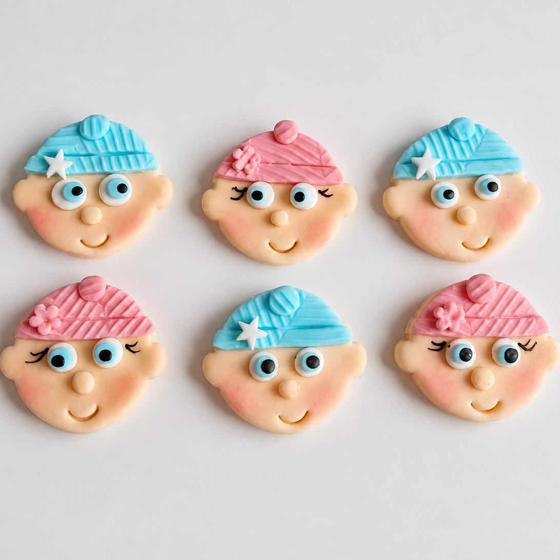 6 Edible baby faces cupcake toppers,fondant icing decorations