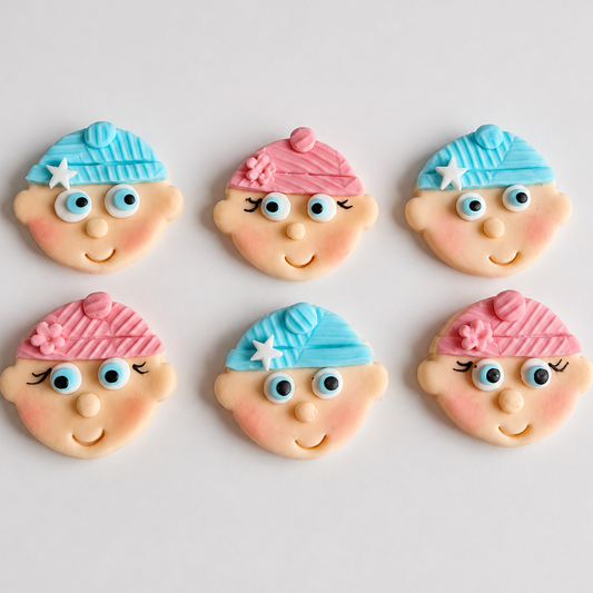 6 Edible baby faces cupcake toppers,fondant icing decorations
