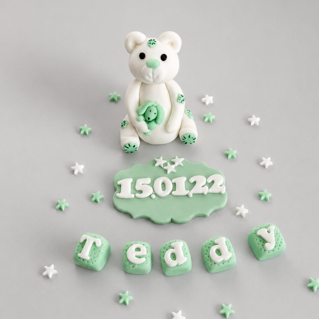Edible baby teddy bear cake topper,fondant baptism icing decoration