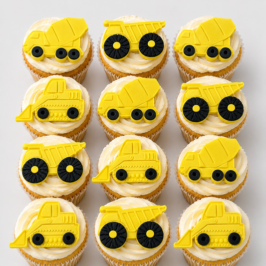 12 Eetbare bouw cupcake toppers, graafmachine, cementmolen, kiepwagen fondant glazuur decoraties