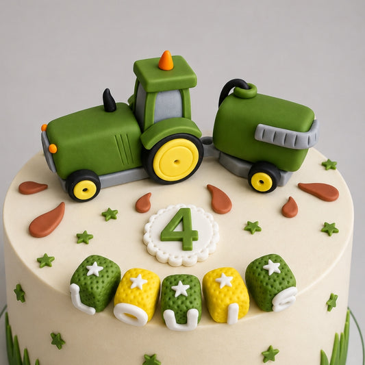Edible Tractor Cake Topper with Trailer – Farm Birthday Cake Decoration – Handmade Fondant Tractor Topper