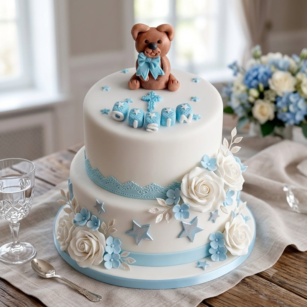 Edible teddy bear baby cake topper,fondant icing baptism decoration