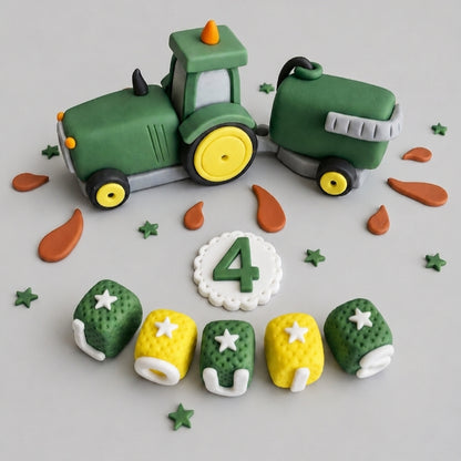 Edible Tractor Cake Topper with Trailer – Farm Birthday Cake Decoration – Handmade Fondant Tractor Topper