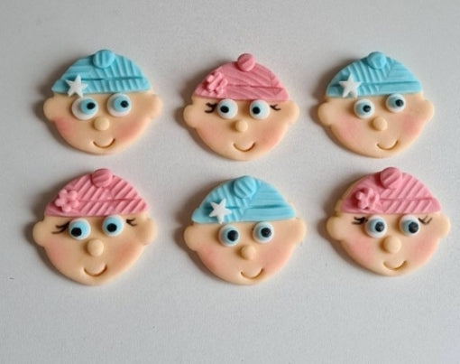 6 Edible baby faces cupcake toppers,fondant baby shower icing decorations